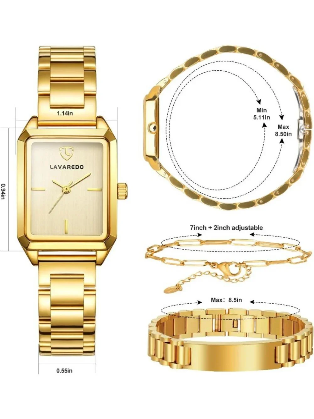 Women's All Gold Analog Stainless Steel Waterproof Luxury 3 Pecs Bracelet Watch